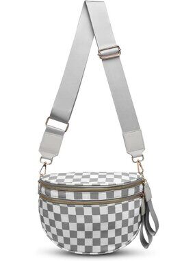 Women's Light Gray Bum Bag Spacious Nylon Fanny Packs Checkered Cross Body Bag